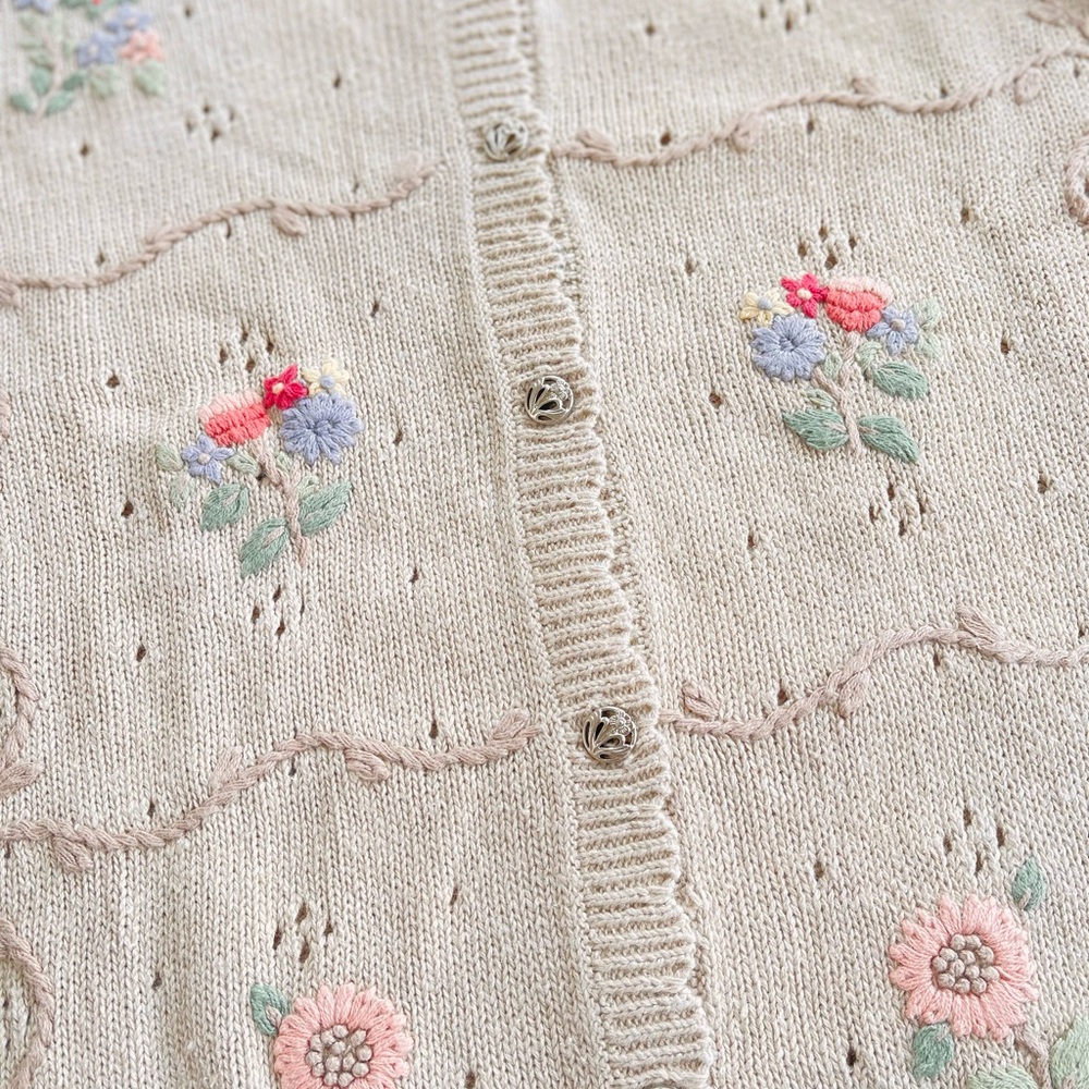 NWT Vintage Northern Reflections Tan Knit Embroidered Pastel Flowers Cardigan L - Picture 4 of 6